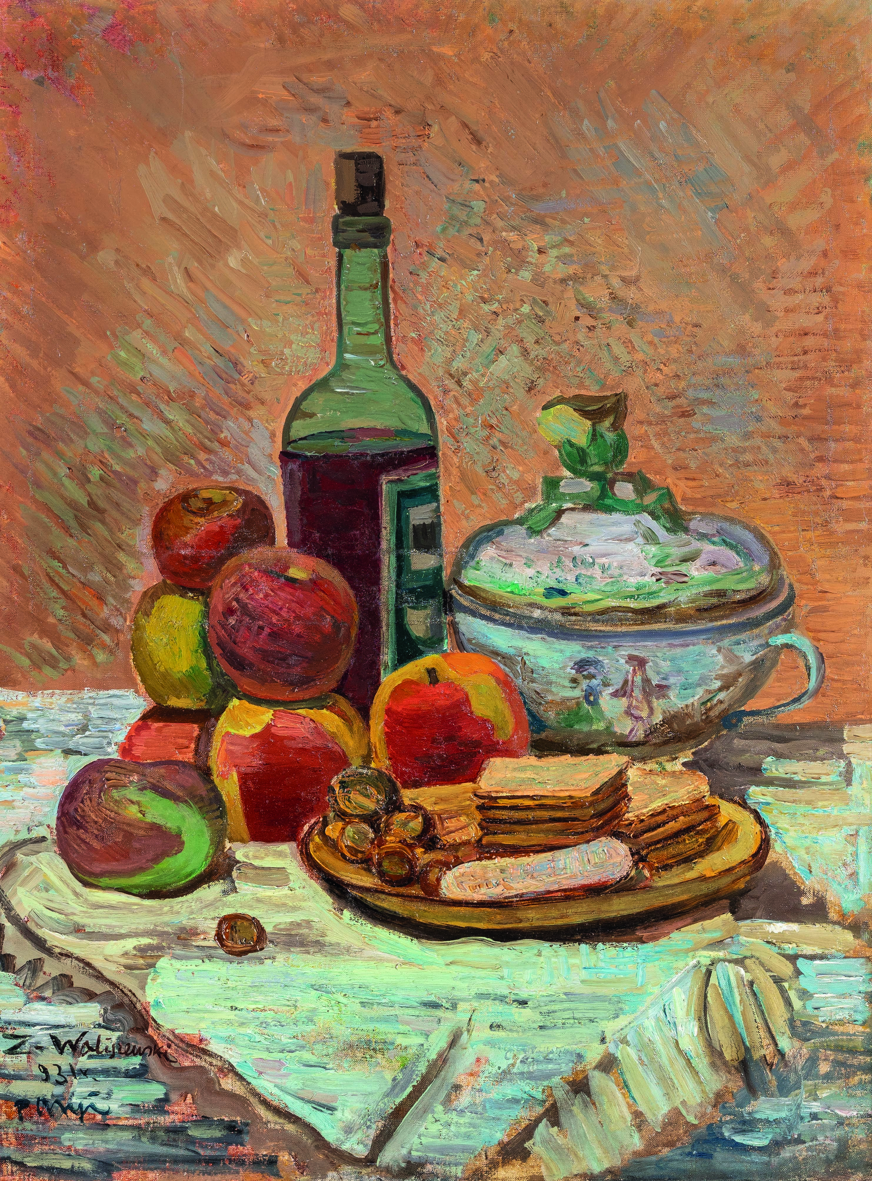 Zygmunt Waliszewski (1897-1936) „Martwa natura z jabłkami i butelką wina”, źródło: Leclere Maison de Ventes 
