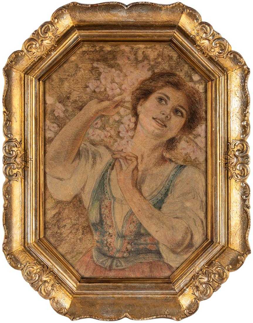 Piotr Stachiewicz (1858-1938) „Krakowianka wśród kwiatów jabłoni”, źródło: Shapiro Auctions