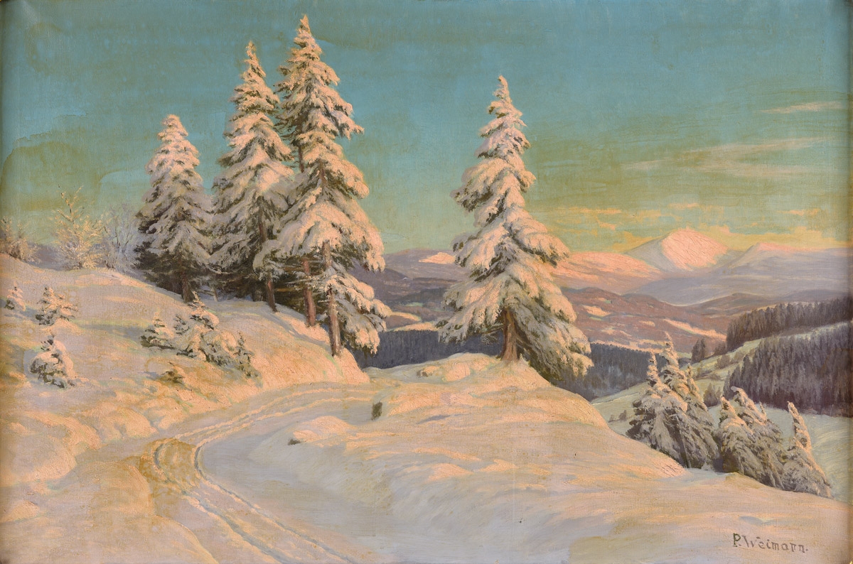 Paul Weimann (1867-1945) „Zimowy pejzaż z widokiem Śnieżki”, źródło: Duesseldorfer Auktionshaus