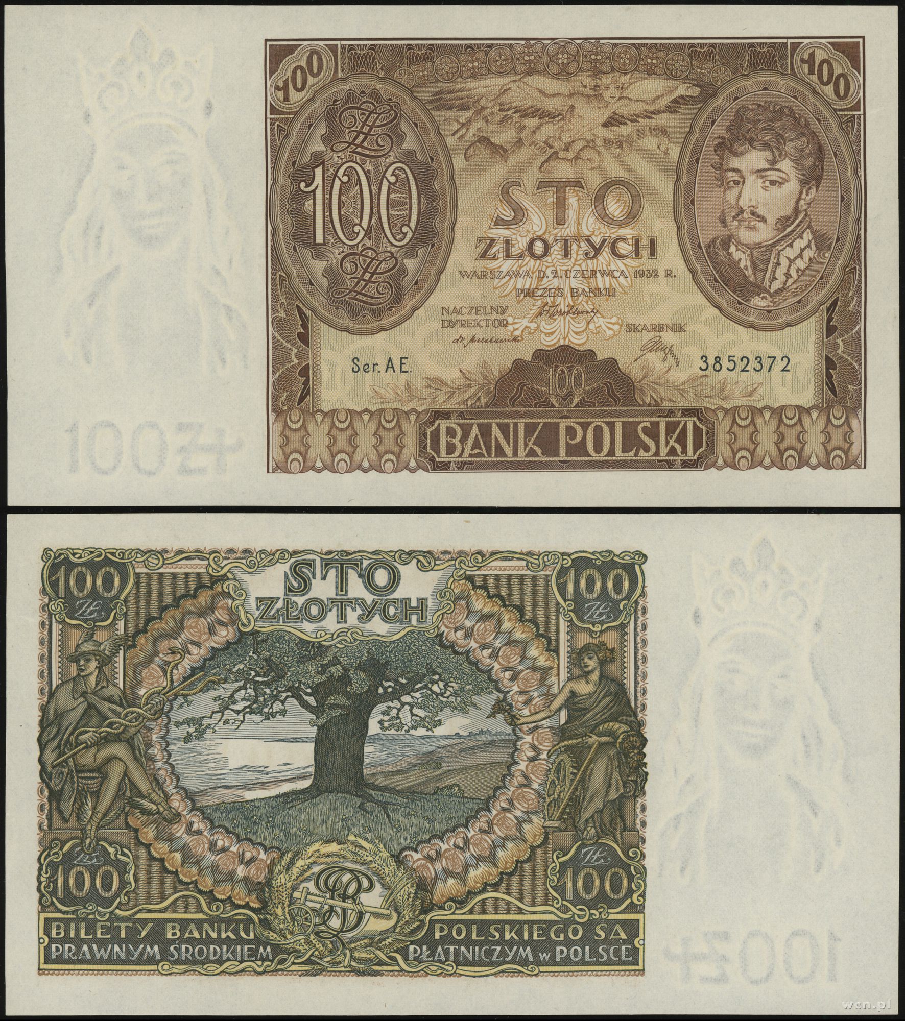 Zaprojektowany przez Józefa Mehoffera banknot stuzłotowy, źródło: Warszawskie Centrum Numizmatyczne