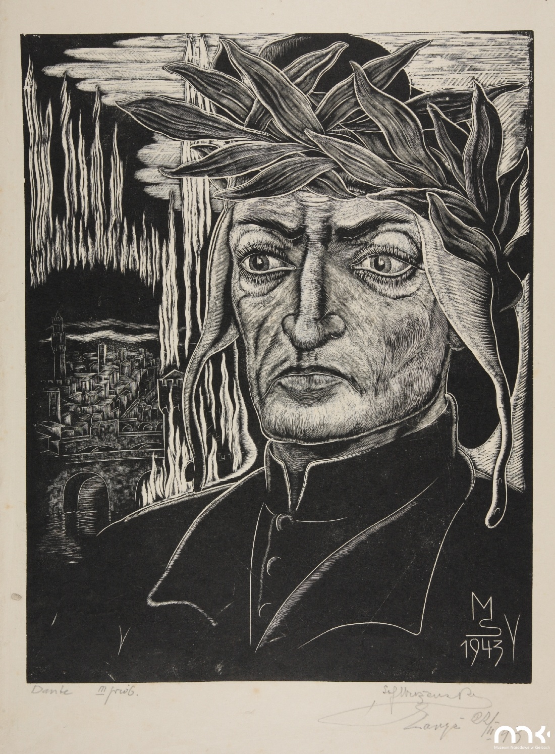Odbitka drzeworytu Stefana Mrożewskiego "Dante Alighieri", 1943 rok, stan 3, źródło: Muzeum Narodowe w Kielcach