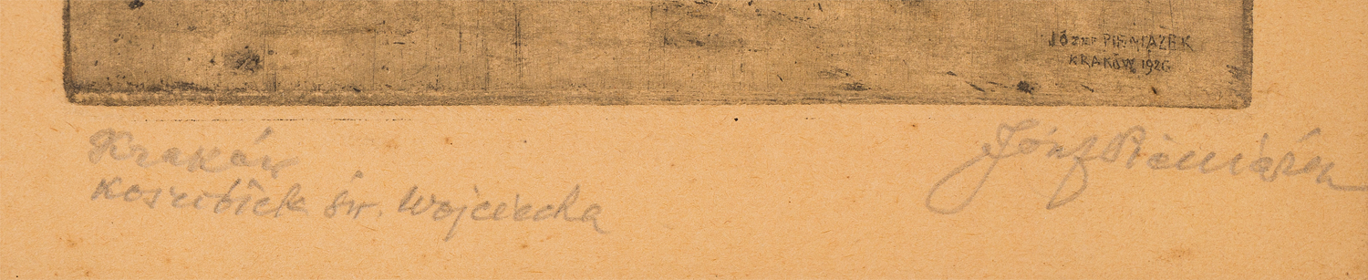 Sygnatura Józefa Pieniążka na płycie oraz odręczna, wykonana ołówkiem poniżej kompozycji, źródło: Salon Dzieł Sztuki Connaisseur