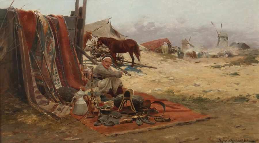 Michał Gorstkin Wywiórski (1861-1926) „Scena targowa”, źródło: Yves Siebers Auktionen