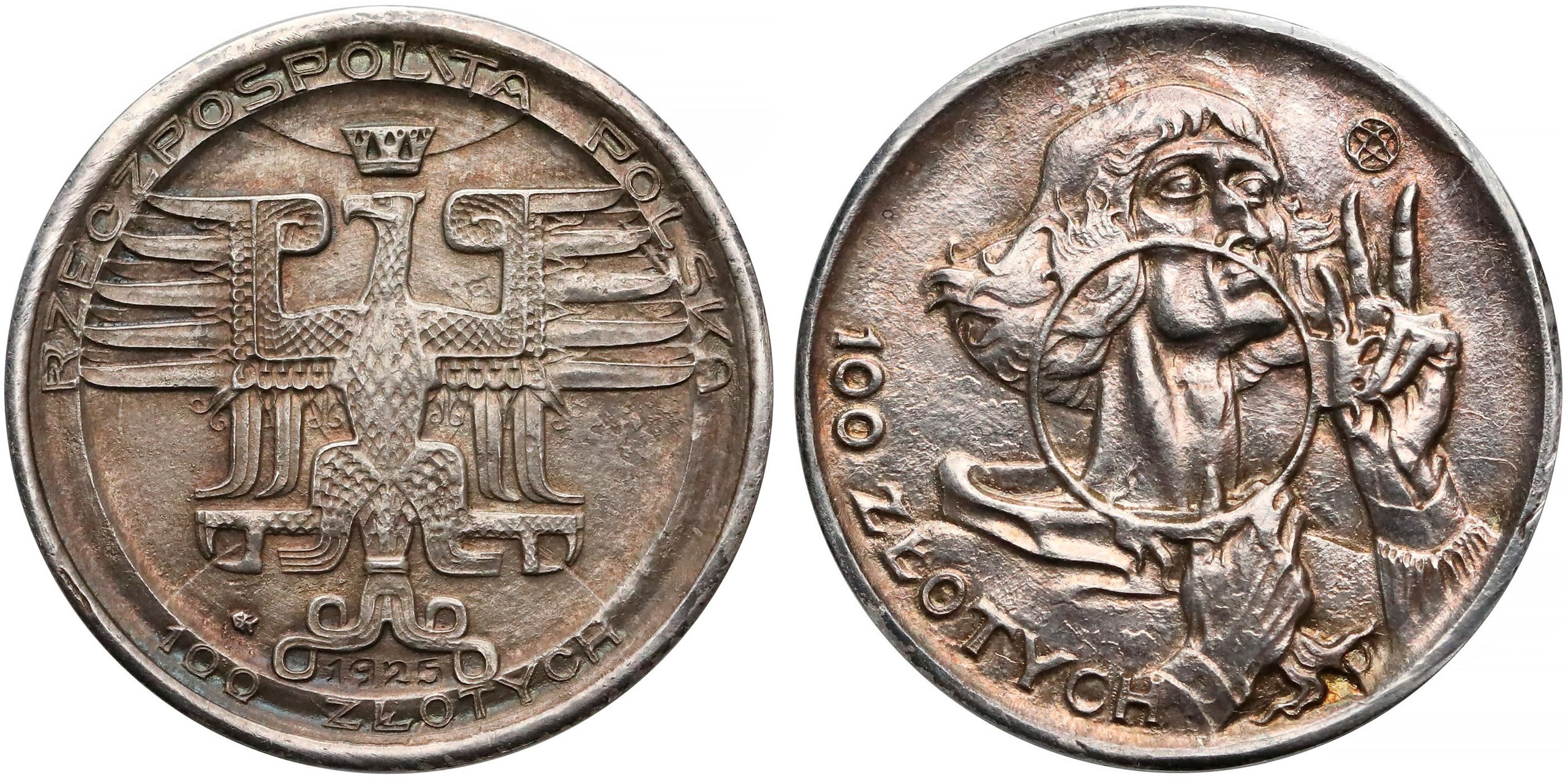 Stanisław Szukalski (1893-1987), moneta 100 złotych Mikołaj Kopernik, wersja wybita w srebrze, 1925 rok , źródło: wikipedia.pl