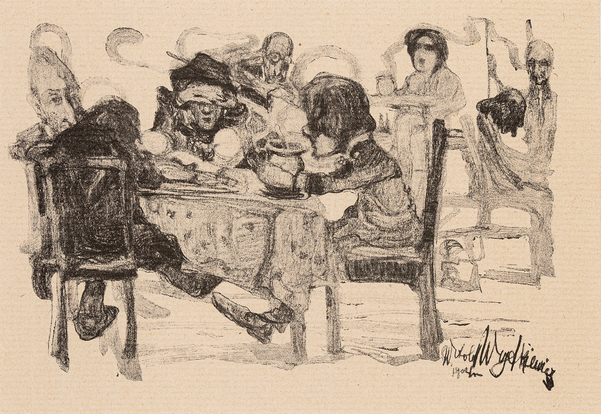  Witold Wojtkiewicz (1879 - 1909) "Najmłodsze pokolenie artystów w kawiarni", 1904 rok, źródło: "Liberum veto" / Salon Dzieł Sztuki Connaisseur