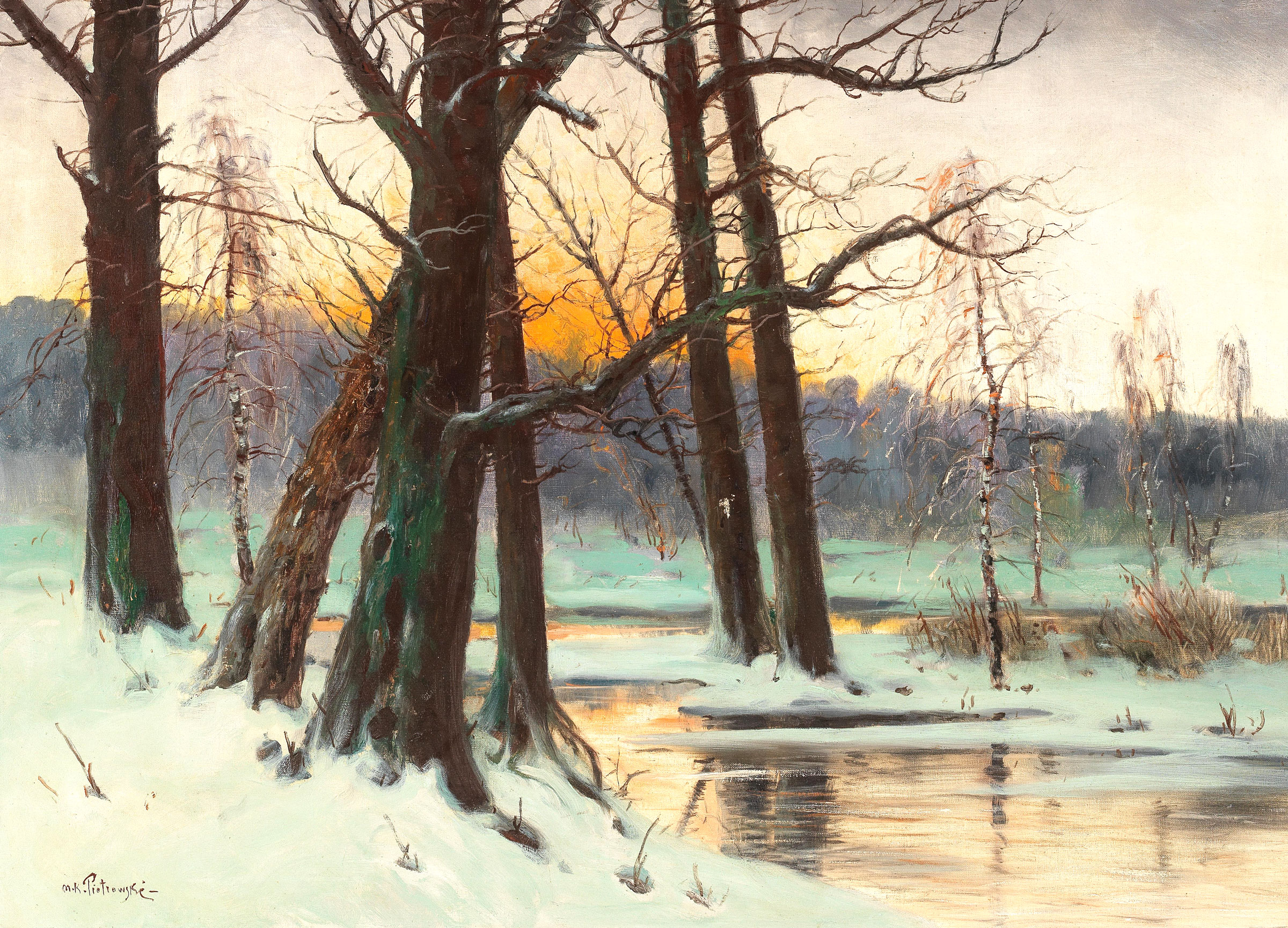 Mieczysław Korwin Piotrowski (1869-1930) „Zimowy zachód słońca”, źródło: Dorotheum