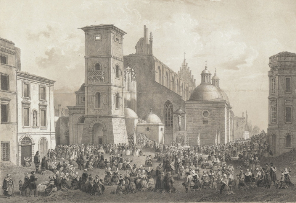 "Kościół dominikanów po pożarze w lipcu 1850 roku" według obrazu Józefa Kurowskiego