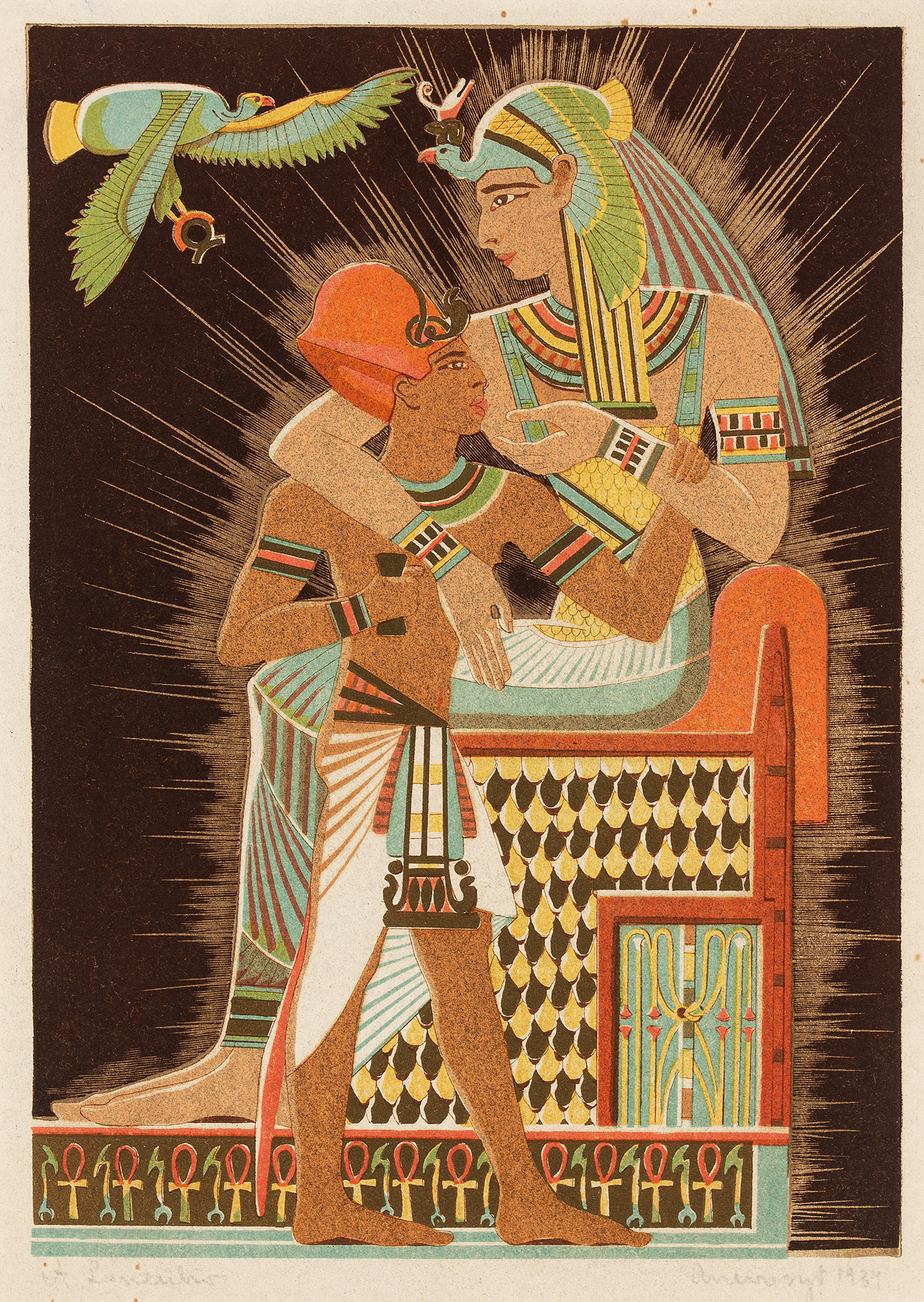 Aleksander Laszenko (1883-1944) "Izyda i Horus", drzeworyt barwny, źródło: Salon Dzieł Sztuki Connaisseur