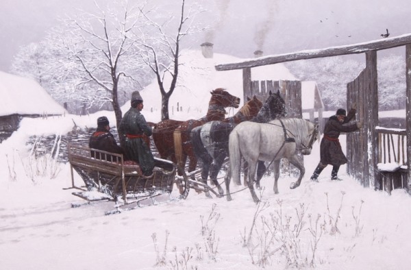 Włodzimierz Łoś (1849-1888) "Sanie przed bramą", 1885 rok, źródło: Muzeum Południowego Podlasia w Białej  Podlaskiej