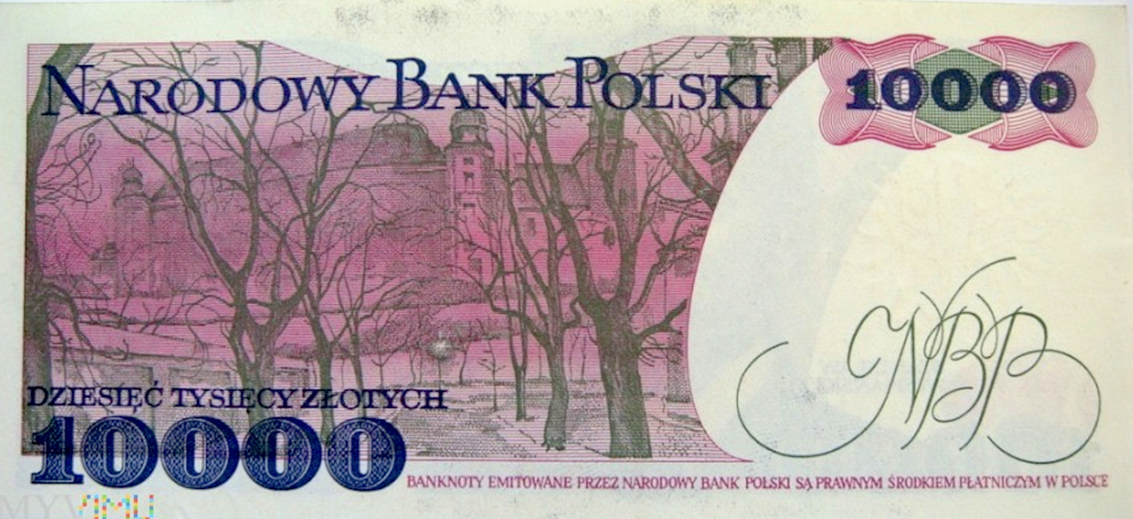Rewers banknotu 10 000 zł przed denominacją z wizerunkiem obrazu Wyspiańskiego.