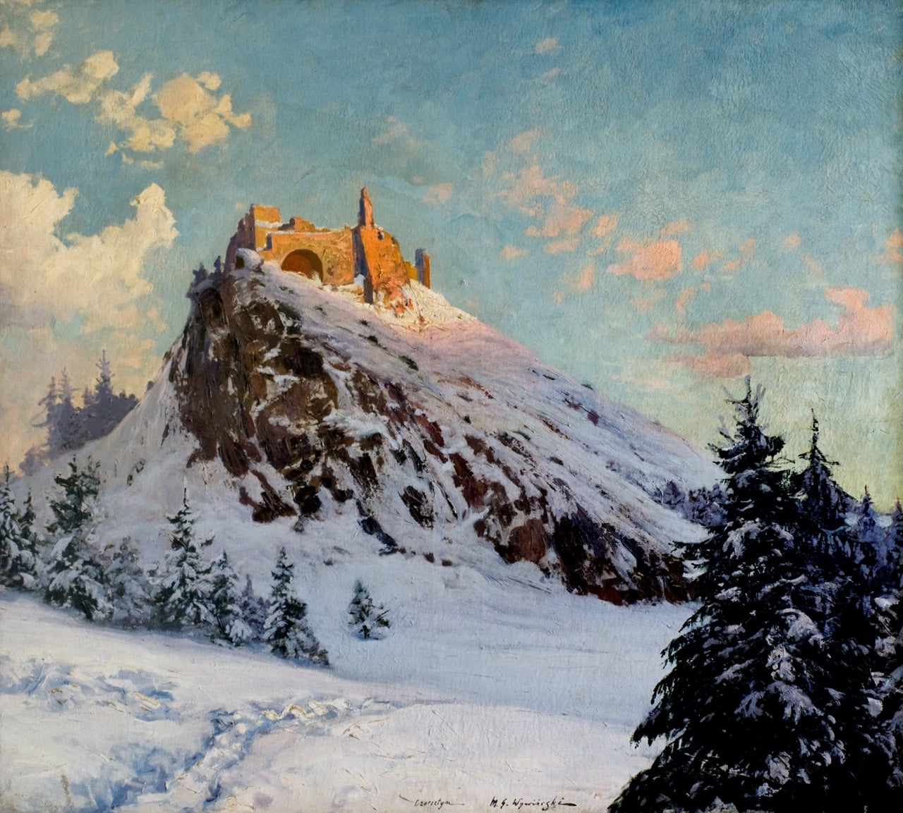 Michał Gorstkin-Wywiórski (1861-1926) "Ruiny zamku w Czorsztynie", 1911 rok, źródło: Lwowska Galeria Sztuki