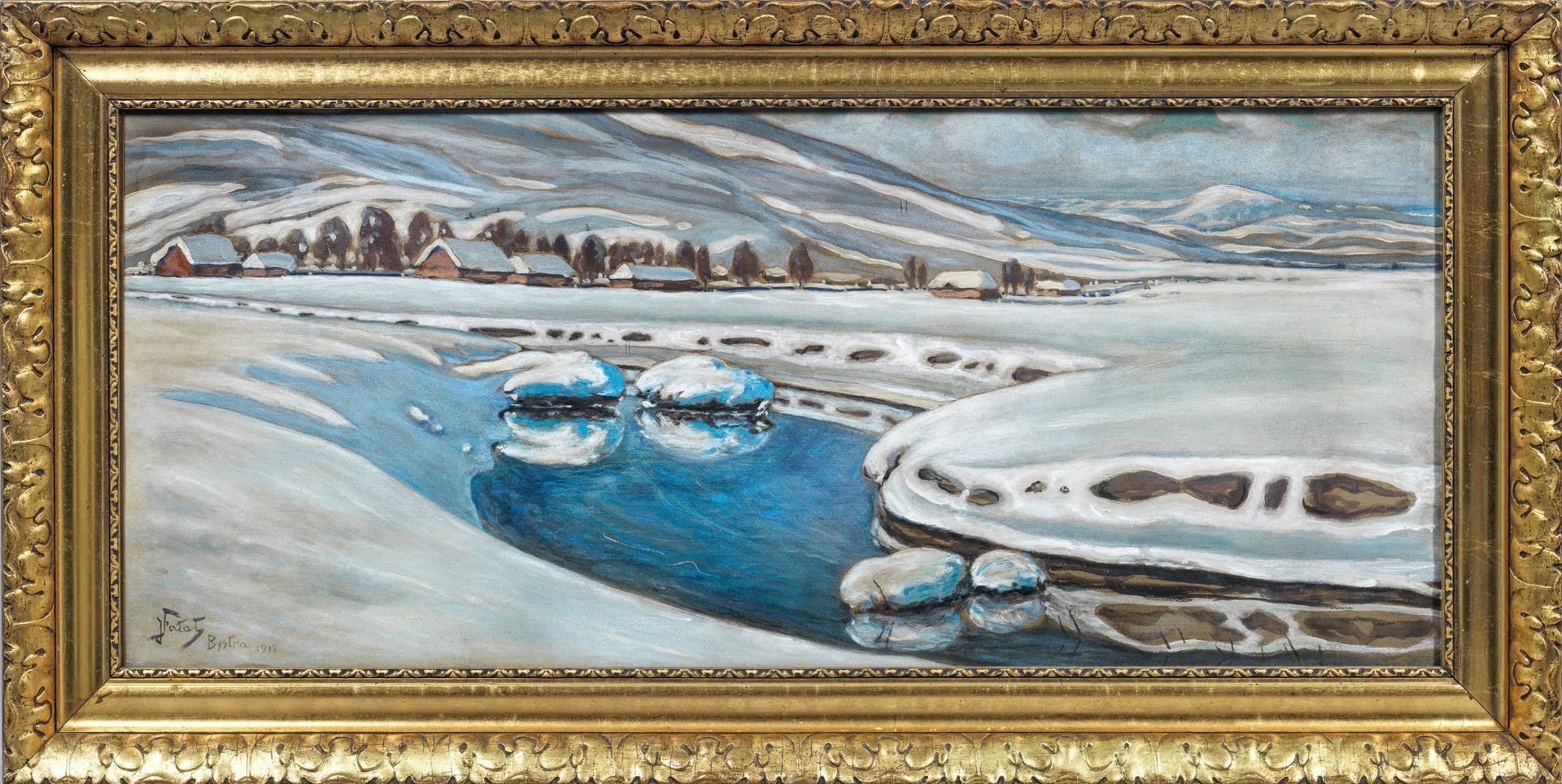 Julian Fałat (1853-1929) „Bystra - krajobraz zimowy z rzeką”, źródło: Kunstauktionshaus Schloss