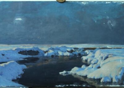 PRZED KONSERWACJĄ: Julian Fałat (1853-1929) „Pejzaż zimowy z rzeką”, 1906 rok olej na płótnie, 76 x 199 cm