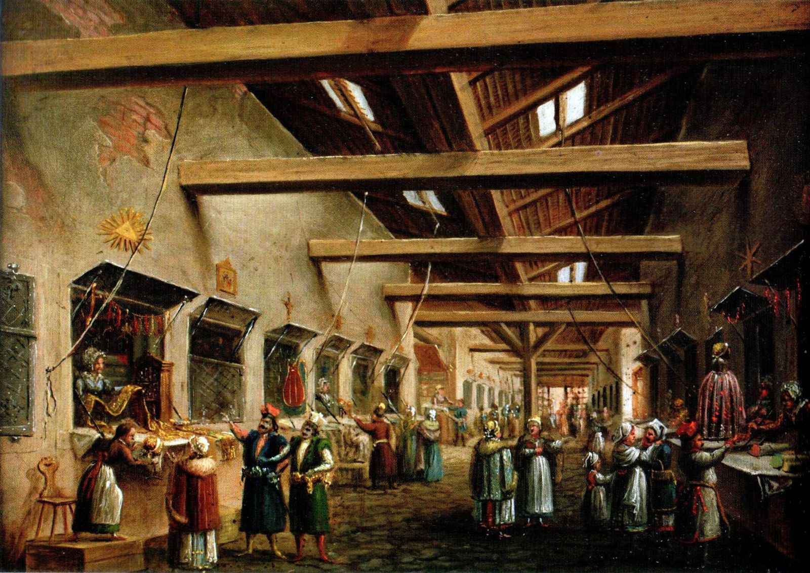 Michał Stachowicz (1768-1825) “Ulica  wewnętrzna Kramów Bogatych”, ok. 1800 roku, źródło: Muzeum Krakowa