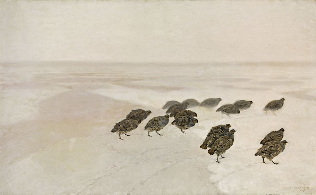 Józef Chełmoński (1849 - 1914) "Kuropatwy", 1891 rok, olej/płótno, 123 x 199 cm, źródło: Muzeum Narodowe w Warszawie
