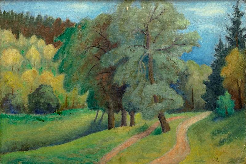 Konrad Winkler (1882-1962) "Letni pejzaż" (malowany na odwrocie "Martwej natury"), 1956 rok, źródło: Sopocki Dom Aukcyjny