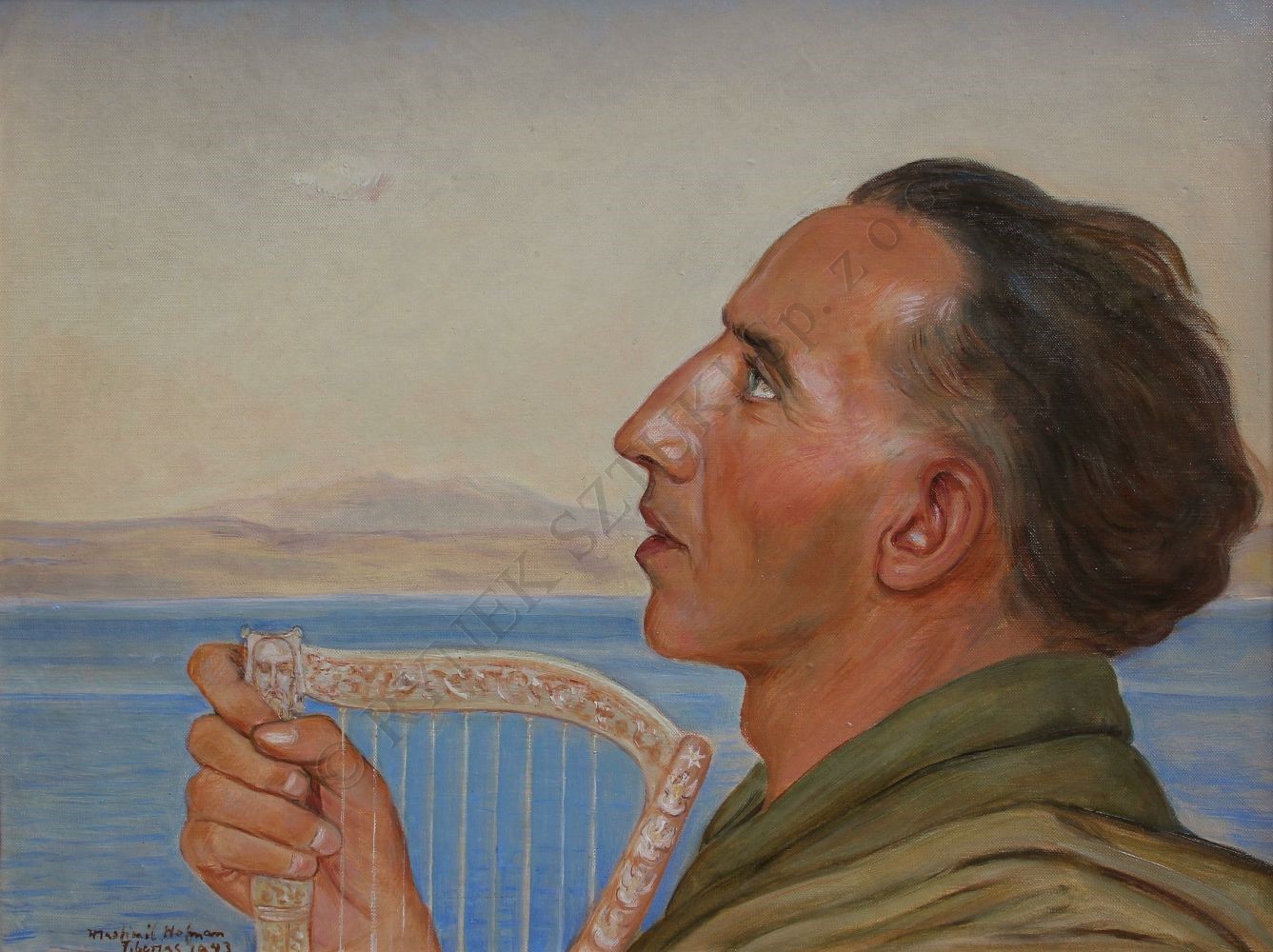 Wlastimil Hofman (1881-1970) "Portret mężczyzny z harfą nad Jeziorem Tyberiadzkim", 1943 rok, źródło: Rynek Sztuki 