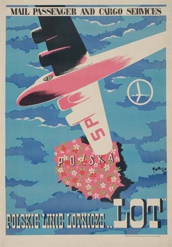 Tadeusz Gronowski (1894-1990), plakat dla Polskich Linii Lotniczych LOT, 1948 rok, źródło: pigasus-gallery.de