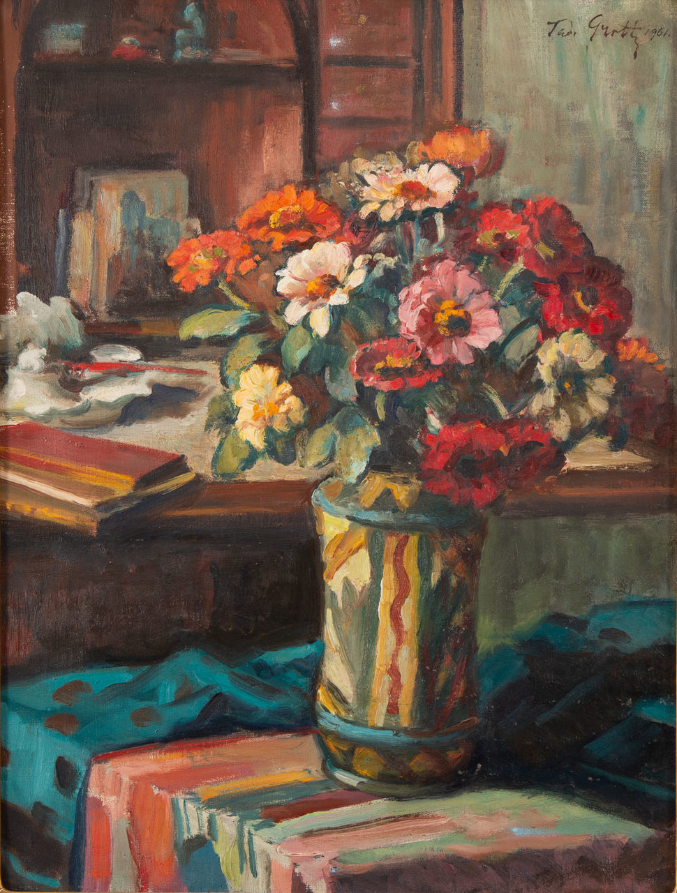 Teodor Grott (1884-1972), "Róże w wazonie", 1961 rok, olej, źródło: Desa Unicum