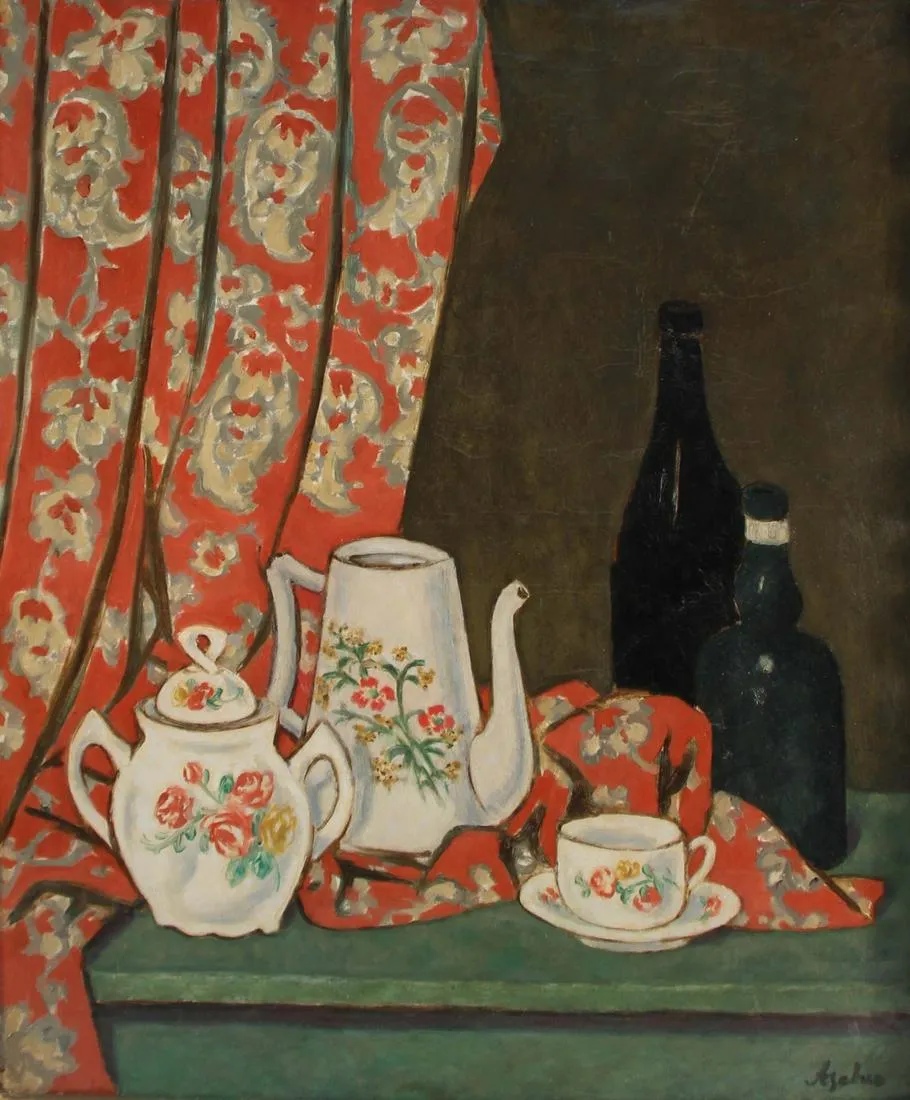 Jerzy Ascher (1884-1943) „Martwa natura z porcelaną i butelkami”, źródło: Clarke Auction Gallery