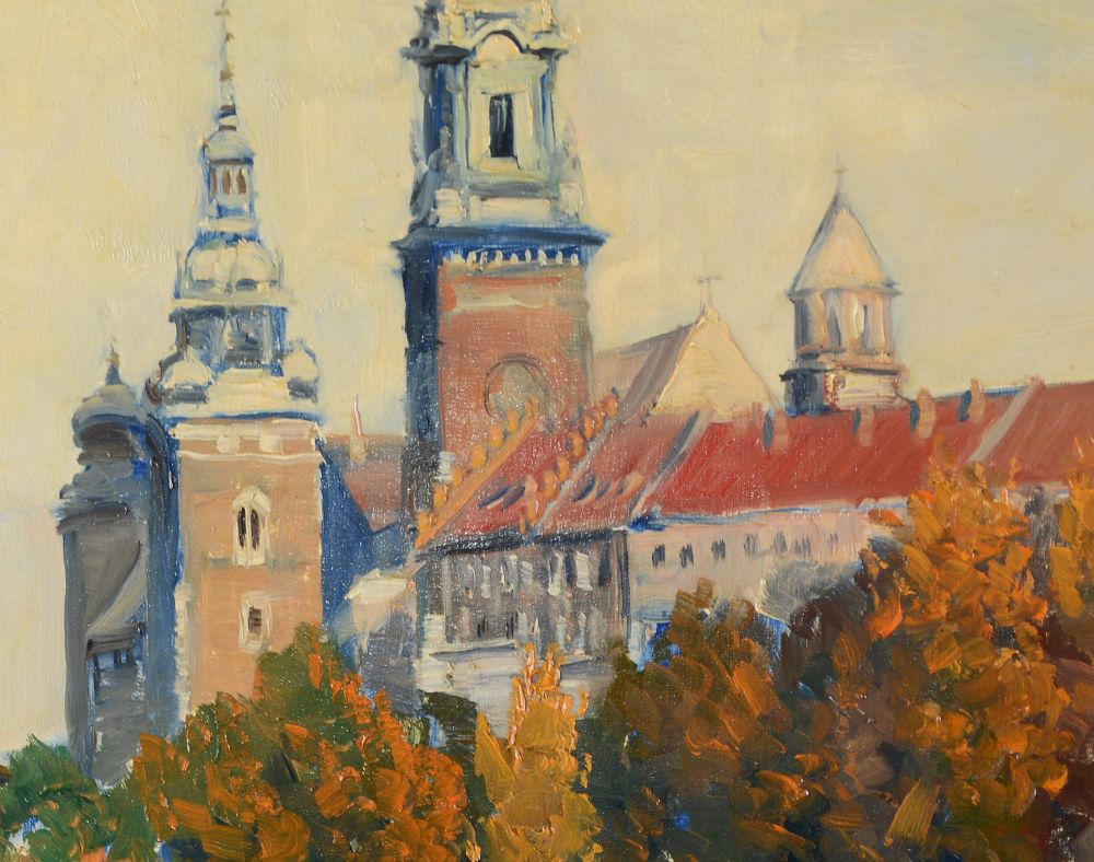 Chociaż miejscem, do którego najchętniej wracał Potrzebowski był Sandomierz, równie chętnie malował zabytki Krakowa, "Widok na Kościół Mariacki w Krakowie", źródło: Krakowski Dom Aukcyjny