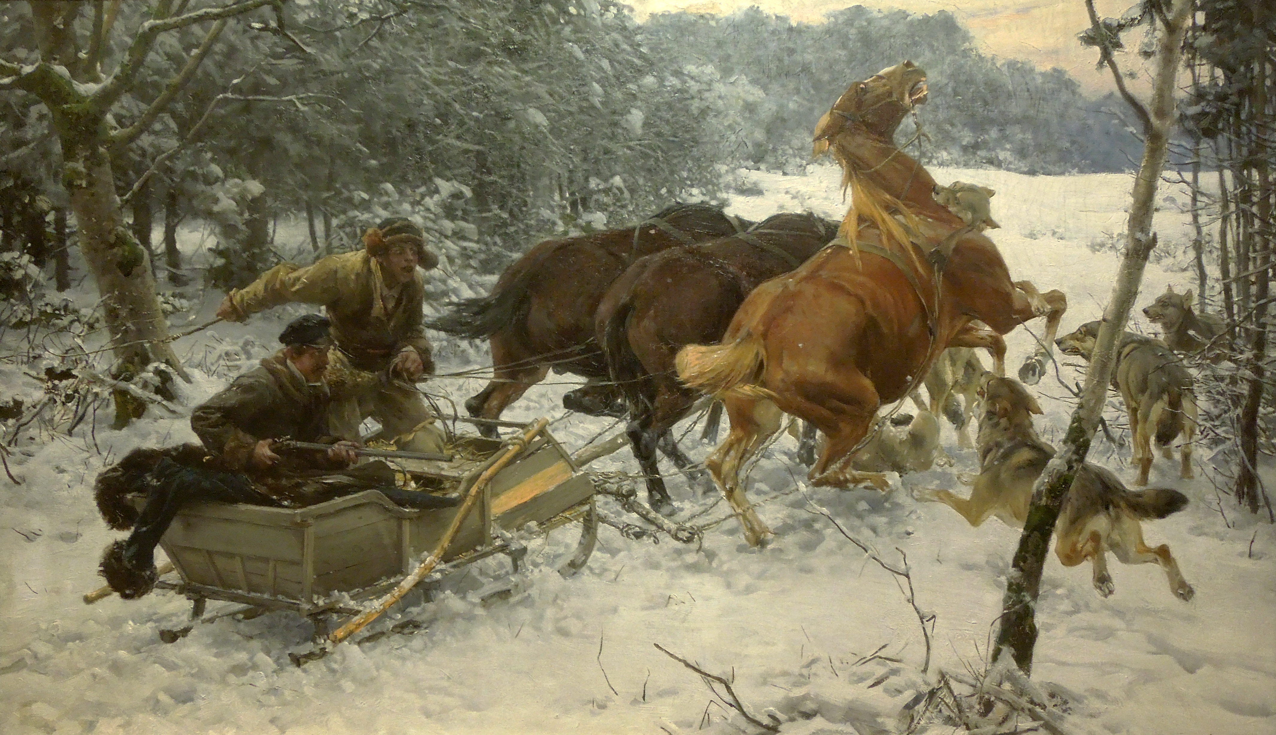 Alfred Wierusz-Kowalski (1849-1915), „Napad wilków”, ok. 1890 roku, olej/płótno; 74 x 120,5 cm, źródło: Muzeum Narodowe we Wrocławiu