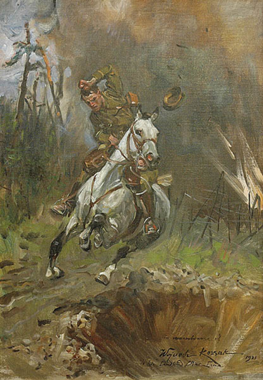 Wojciech Kossak (1856-1942), "Pod obstrzałem", 1921 rok, z dedykacją Kossaka: "to his Landlord MacLean", źródło: Rempex