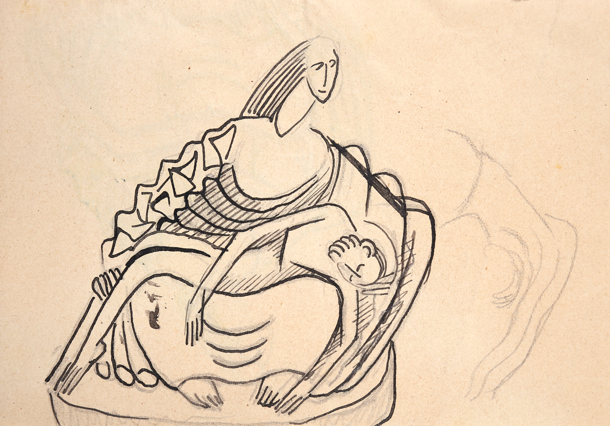 Pierwszy szkic koncepcyjny w formie rysunku tzw. pensiero do rzeźby "Macierzyństwo" Zbigniewa Pronaszki, źródło: Salon Dzieł Sztuki Connaisseur