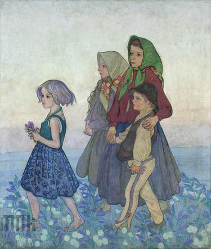 Jan Rembowski (1879-1923), "Pochód dzieci góralskich", fragment panneau, ok. 1910 rok, źródło: Muzeum 