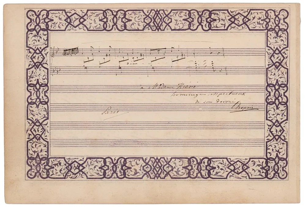 Fryderyk Chopin (1810-1849) Partytura do utworu "Wiosna" z odręczną dedykacją, źródło: RR Auction