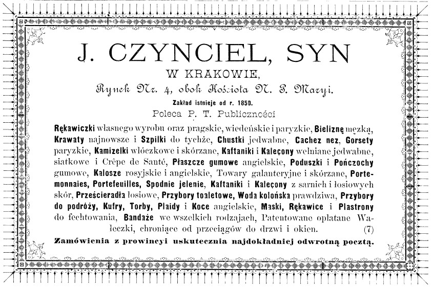 Reklama zakładu J. Czynciela i Syna z 1885 roku, źródło: "Kalendarz krakowski Józefa Czecha"