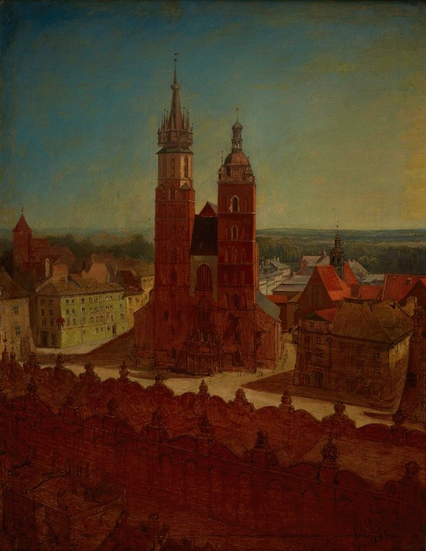 Jan Matejko (1838-1893) "Widok z Wieży Ratuszowej na Kościół Mariacki i szczyty Sukiennic", 1857 rok, źródło: Muzeum Narodowe w Krakowie