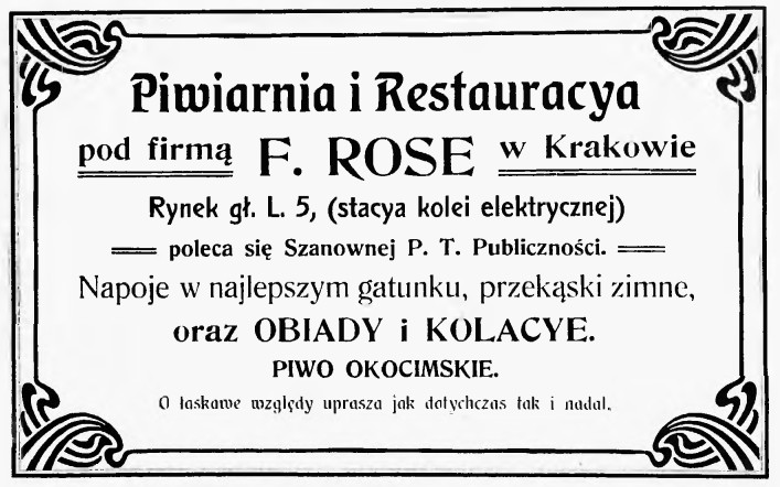 Reklama piwiarni i restauracji F. Rose, źródło: Księga adresowa dla Krakowa i Podgórza, 1905 rok 