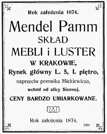 Reklama składu mebli Mendla Pamma, źródło: Księga adresowa dla Krakowa i Podgórza, 1905 rok