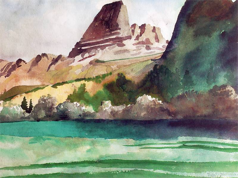 Rafał Malczewski (1892-1965), "Góry Skaliste z zieloną rzeką", 1943 rok, akwarela, źródło: Muzeum Tatrzańskie w Zakopanem