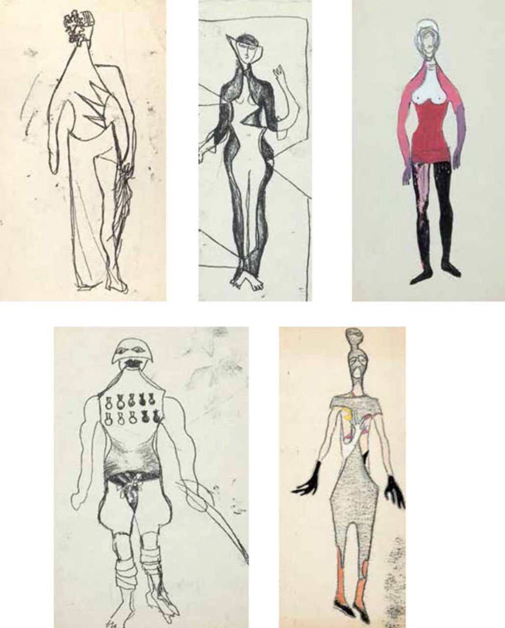 Maria Jarema (1908-1958), Zestaw pięciu projektów kostiumowych do „Mątwy” Witkacego, 1956 rok, źródło: Desa Unicum