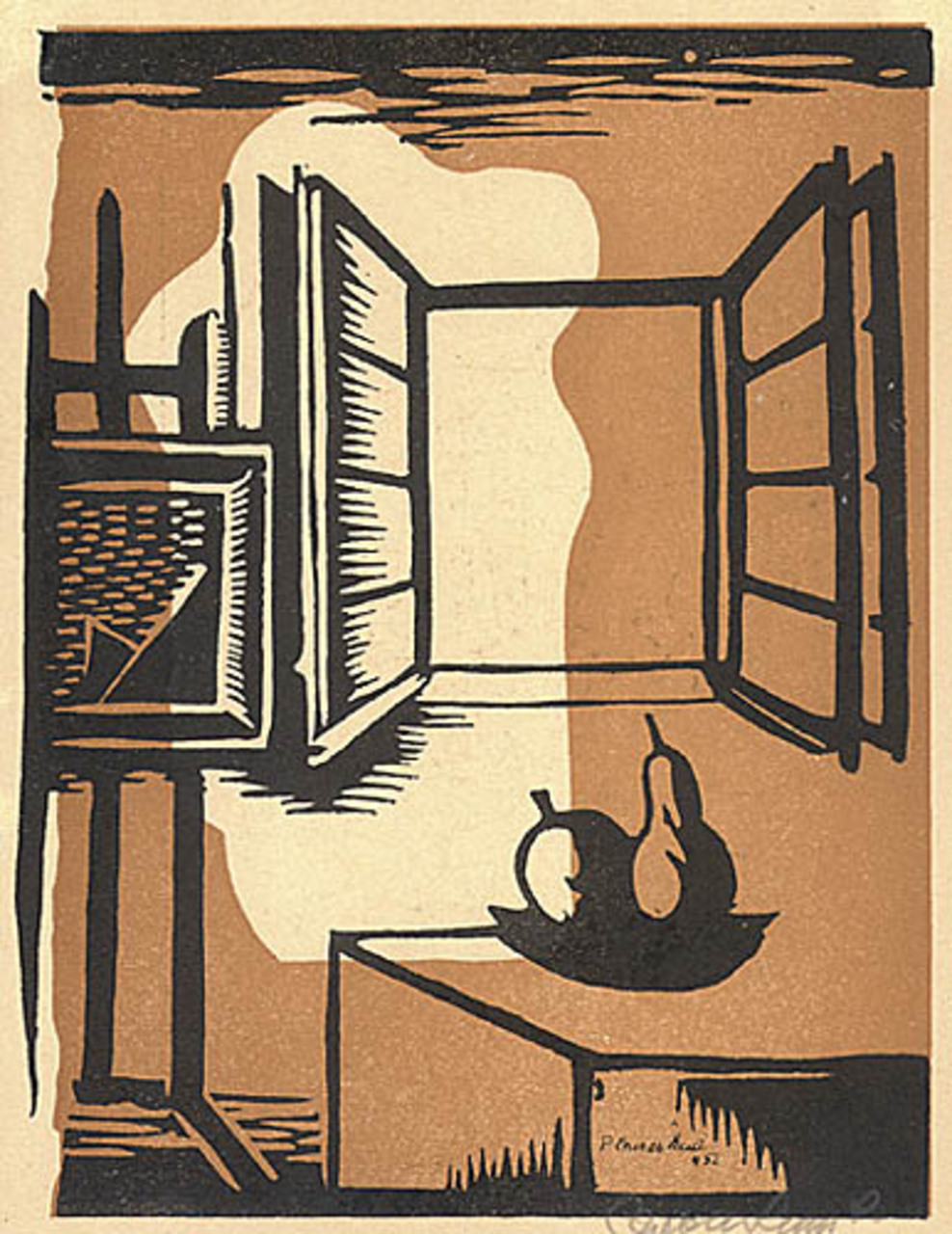 Roman Sielski (1903-1990), "Martwa natura z owocami, sztalugą i otwartym oknem", 1932 rok, drzeworyt dwubarwny, źródło: Nautilus
