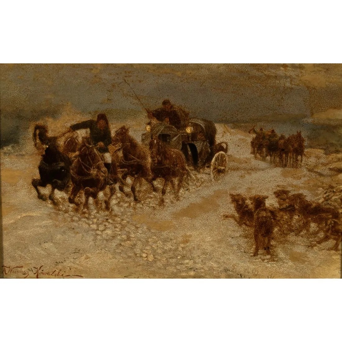 Alfred Wierusz Kowalski (1849-1915) "Napad wilków", źródło: Michaan's Auctions