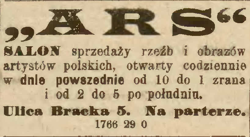 Ogłoszenie prasowe Salonu "Ars", źródło: "Nowa reforma" 1905, nr 158