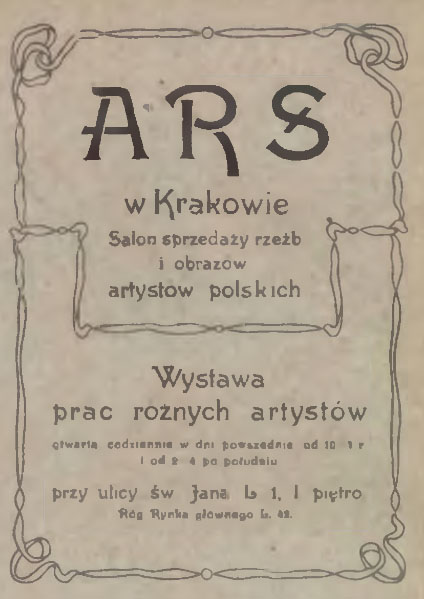 Ostatnie ogłoszenie Salonu "Ars" z 1909 roku, źródło: Księga adresowa Krakowa, 1909 