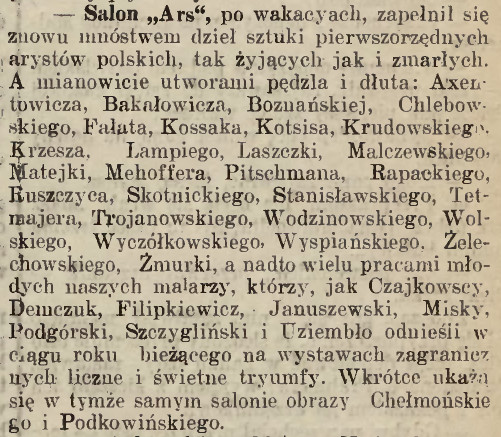 Ogłoszenie prasowe Salonu "Ars" z 1906 roku, źródło: "Głos narodu" 1906, nr 404