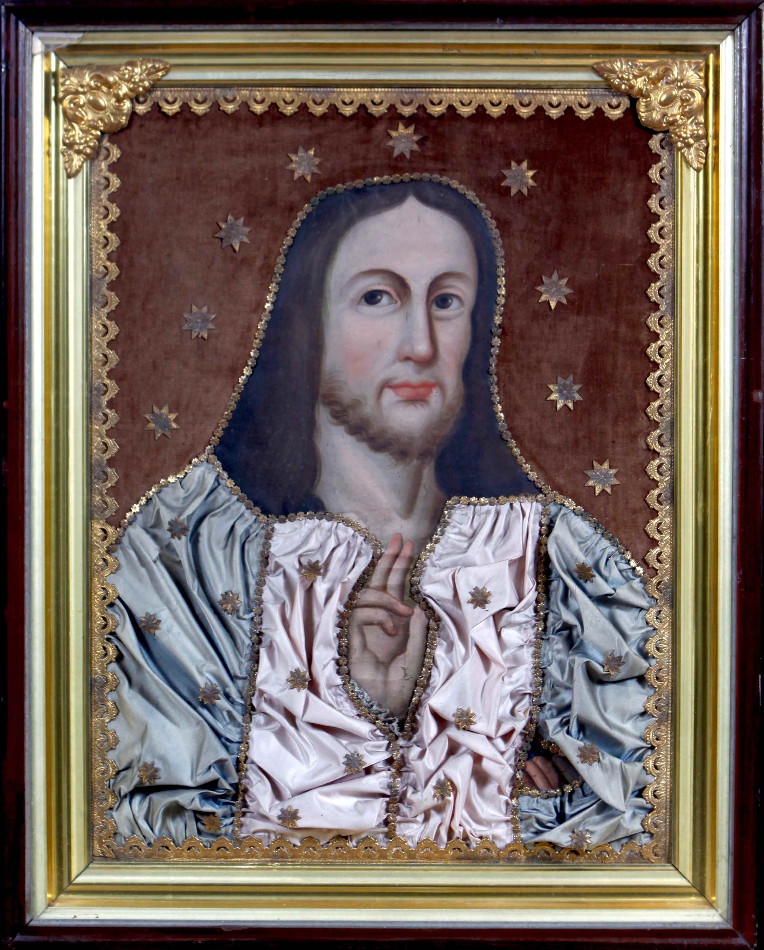 Chrystus Salvator Mundi, XIX w, autor nieznany, olej na płótnie, aplikacje z tkaniny, źródło: archiwum autora