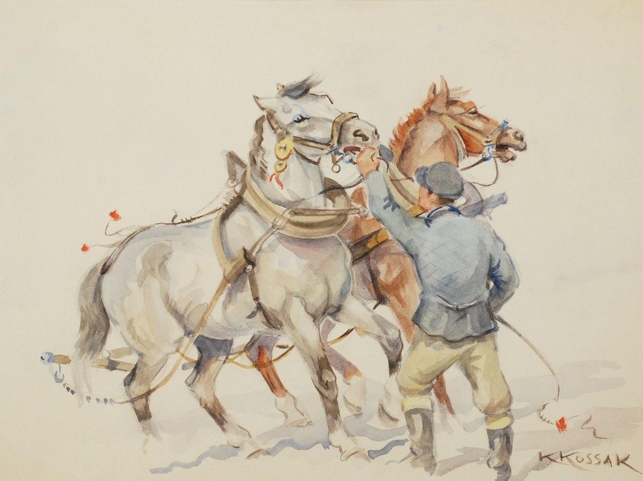 Karol Kossak (1896-1975), "Zaprzęganie koni", źródło: Rempex