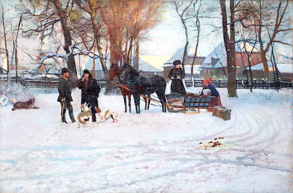 Władysław Podkowiński (1866-1895), "Wyjazd na polowanie", 1888 rok, olej na płótnie, 38 × 55,5 cm, źródło: kolekcja prywatna