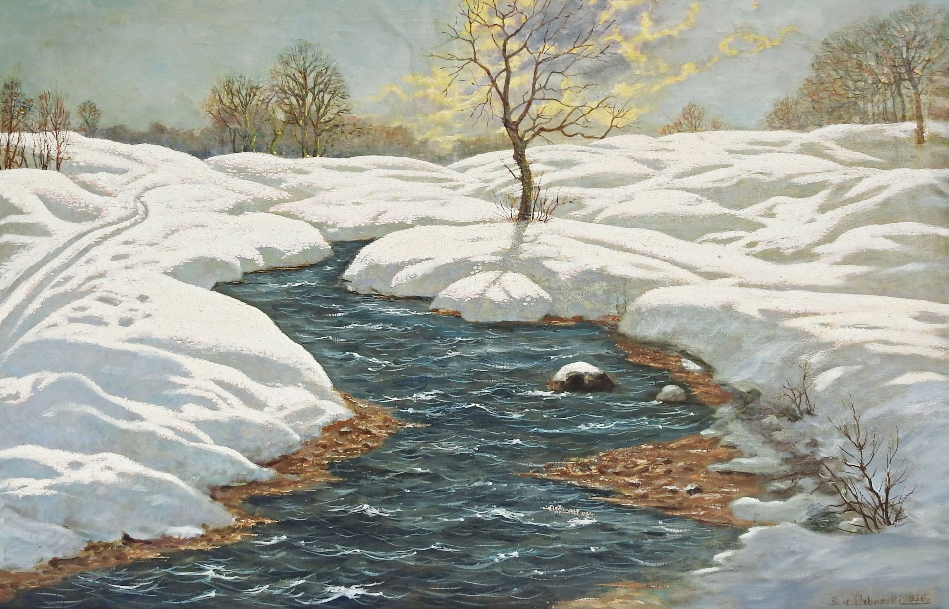 Zygmunt Sixtus Dzbański (1874-1942) „Pejzaż zimowy z potokiem”, źródło: Kunst & Auktionshaus Walter Ginhart