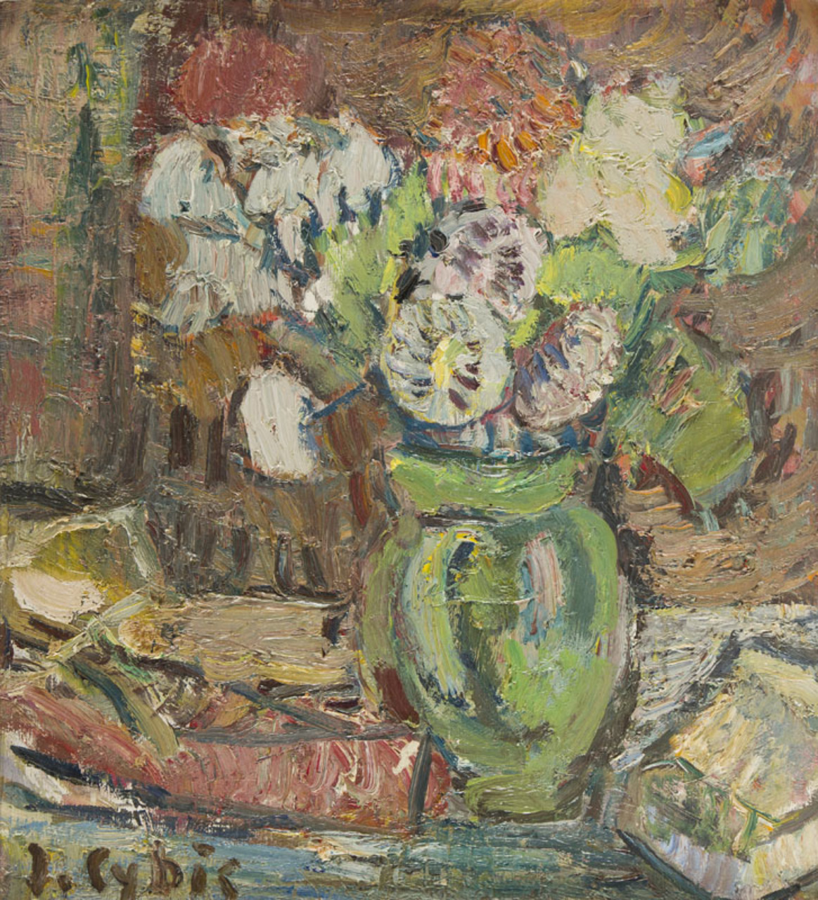 Jan Cybis (1897-1972), "Kwiaty w zielonym garnku", 1968 rok, źródło: Desa Unicum