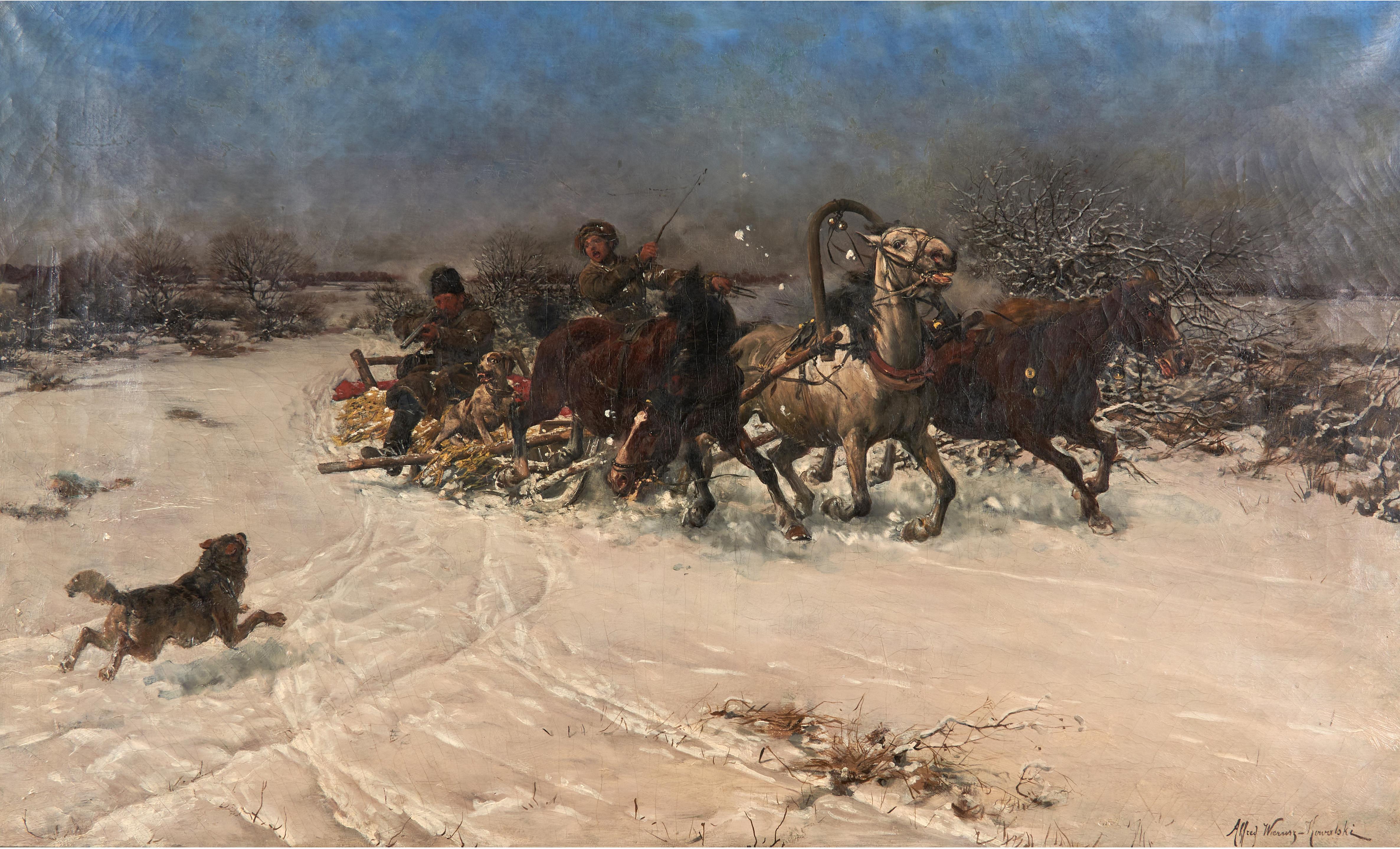 Alfred Wierusz-Kowalski (1849-1915), "Napad wilków", źródło: Bonhams