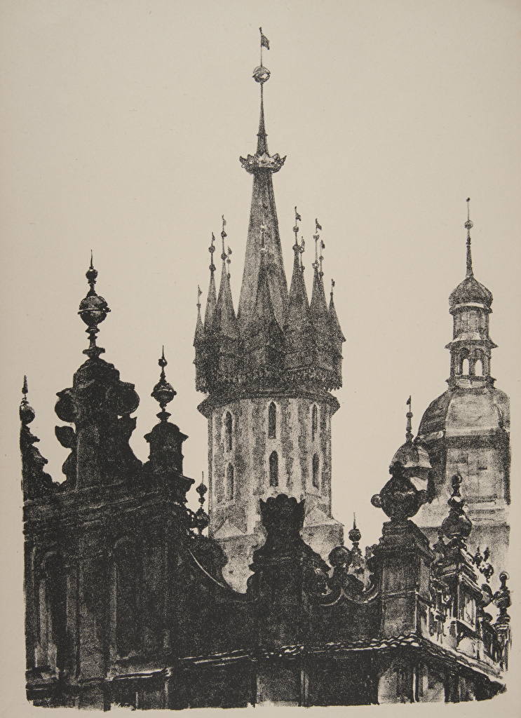 Jan Kanty Gumowski (1883-1946) "Szczyty sukiennic i wieże kościoła Mariackiego", 1926 rok, źródło: Muzeum Narodowe w Krakowie