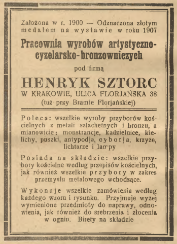 Reklama prasowa zakładu Henryka Sztorca ze "Strzechy rodzinnej" z 1928 roku