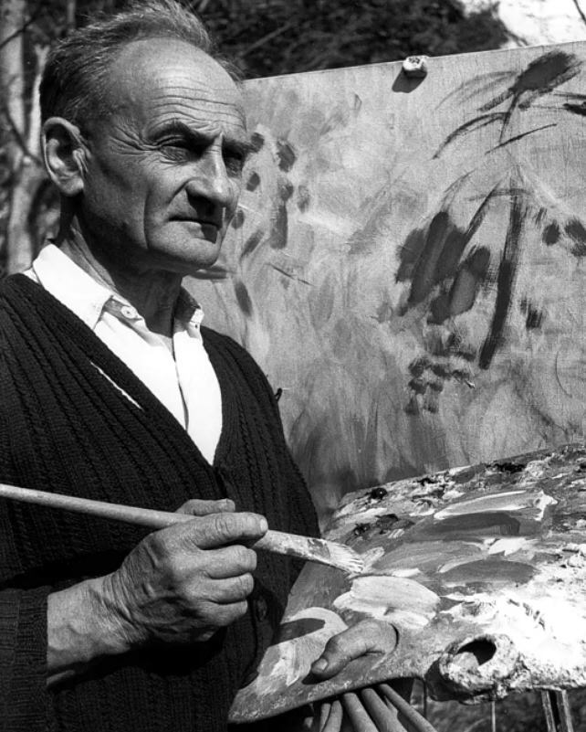 Jan Wacław Zawadowski podczas malowania obrazu w plenerze, Orcel lata 50., źródło: Muzeum Historyczne w Sanoku